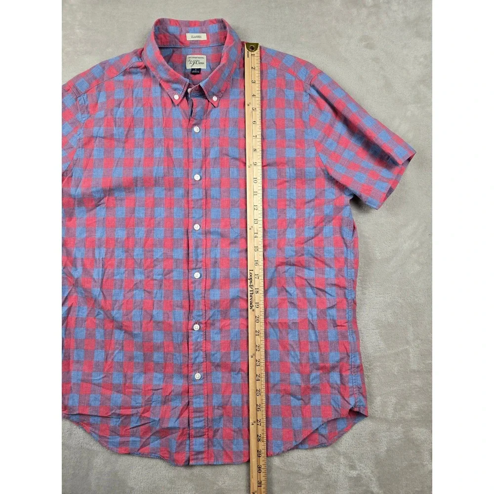 J. Crew Button Down Shirt Mens Large Red Blue Gingham Check Short Sleeve Classic